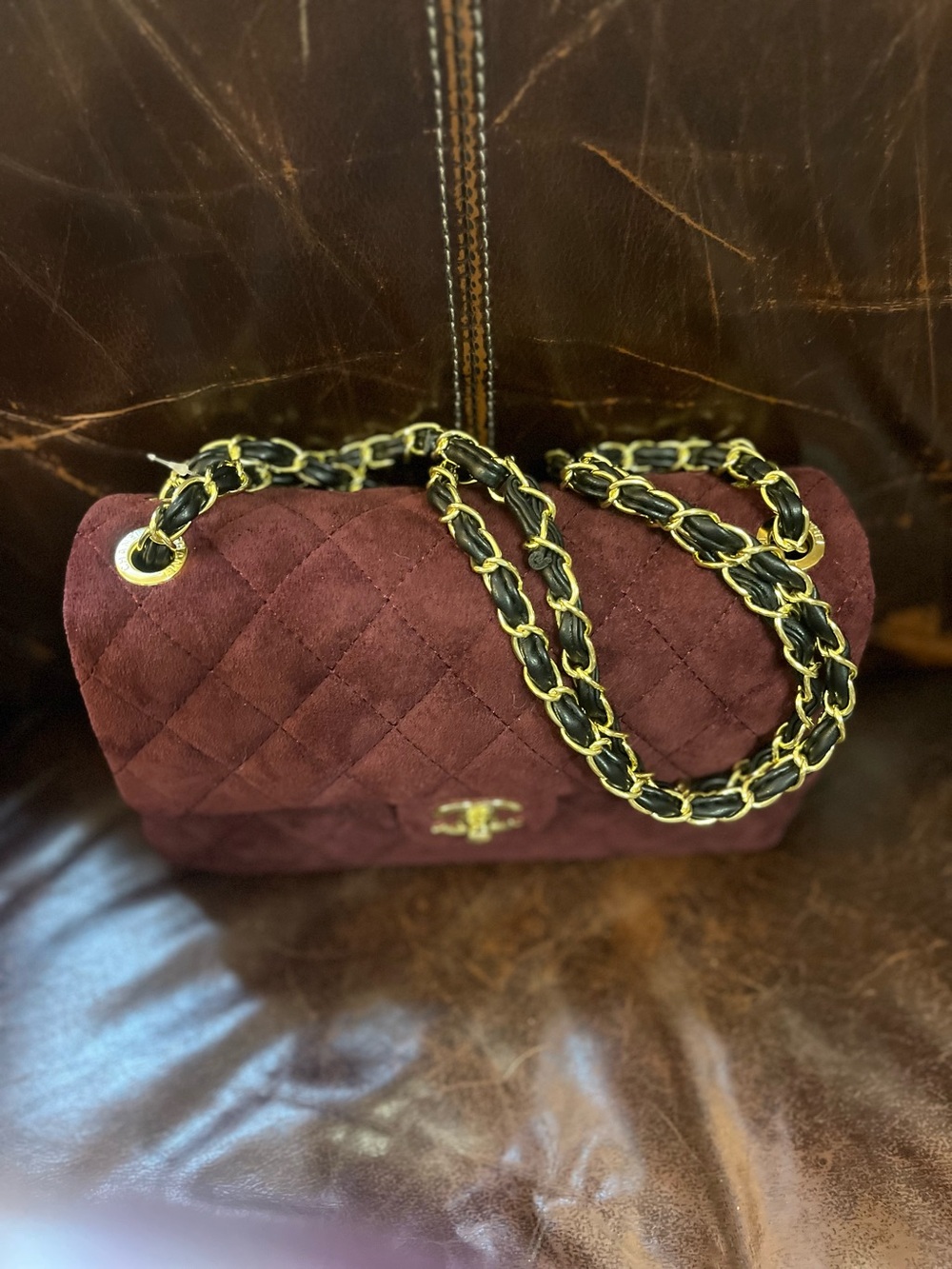ChaneI Burgundy Black Trim Quilted MicroSuede Classic Flap Bag - Picture 5 of 11